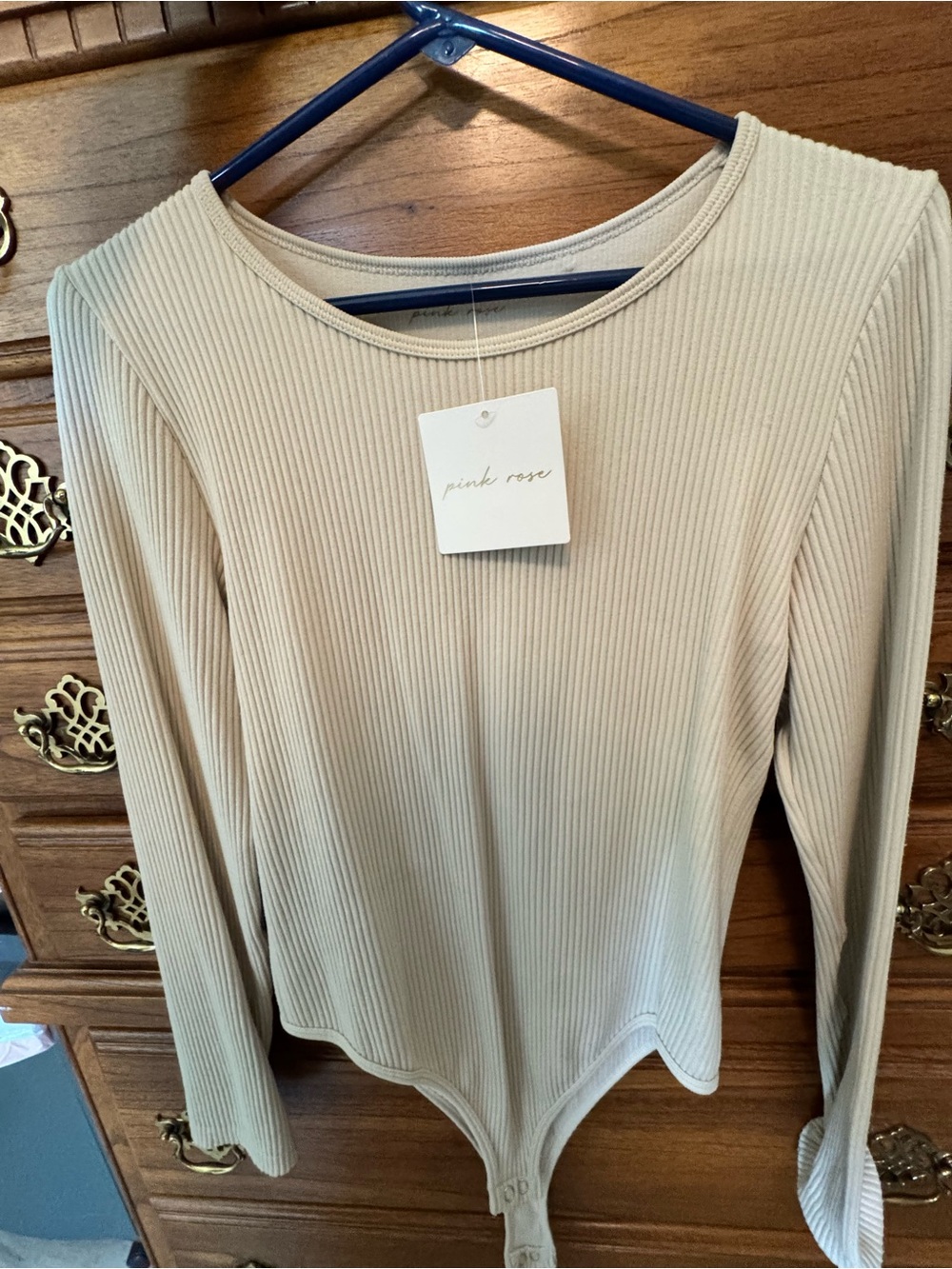 Pink Rose Women's Ribbed Long-Sleeve Bodysuit in Beige